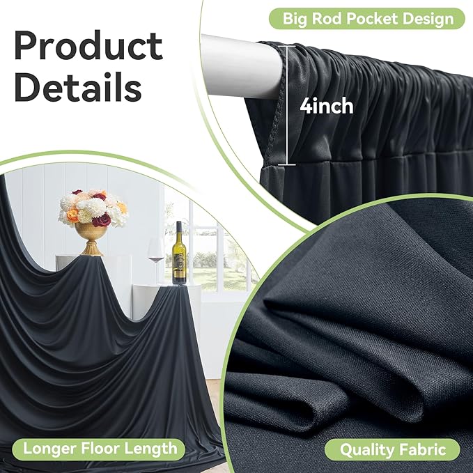 10ftx14FT Wrinkle Free Black Backdrop Curtain, 2 Panels 14FT Height Black Wedding Backdrop Drapes, Silky Polyester Back Drop Cloth for Birthday Photography Background Party Backdrop Draping