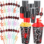 Yungyan 36 Sets Spider Party Favors Goodie Cups with Lids and Straws for Halloween Party Decorations Reusable 16oz Plastic Candy Cups Plastic Straws for Birthday Gift (Spider)