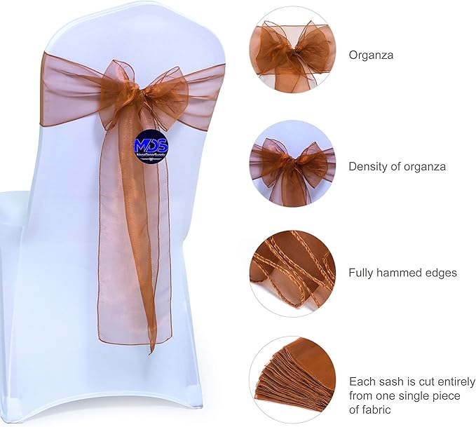 MDS Pack of 150 PCS Organza Chair Sashes Wider Dining Chair Bows Ribbon Tie Back for Wedding Party Birthday Bridal Shower Reception Event Banquet Home Chair Cover Decoration - Bronze