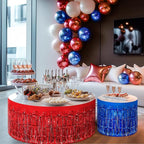2 Pack Red Dark Blue Table Skirts, 29x108" Metallic Foil Tinsel Fringe Table Skirt for Rectangle Tables Streamer Curtains Backdrop, Party Decorations for Birthdays, Weddings, Holidays