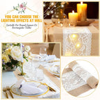 Xinnun 6 Pack Burlap Table Runner with LED String Lights, Modern Rustic Lace Natural Vintage Boho Jute Wedding Table Decor for Farmhouse Thanksgiving Christmas(Wedding Lace LED,12x108 Inches)