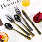 WDF 180 Pieces Black and Gold Plastic Silverware -Halloween Black Plastic Cutlery Incluede 60 Forks 60 Knives 60 Spoons Heavy Duty Disposable Flatware - Gold Utensils for Halloween/Party/Daily Use