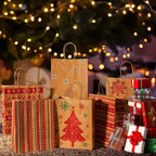 MESHA Christmas Gift bags 24Pcs 8.6x7x3.3'' Kraft Paper Bags with Handles Bulk for Gifts Holiday Xmas Goodie, Party Favors, Candy, Treat