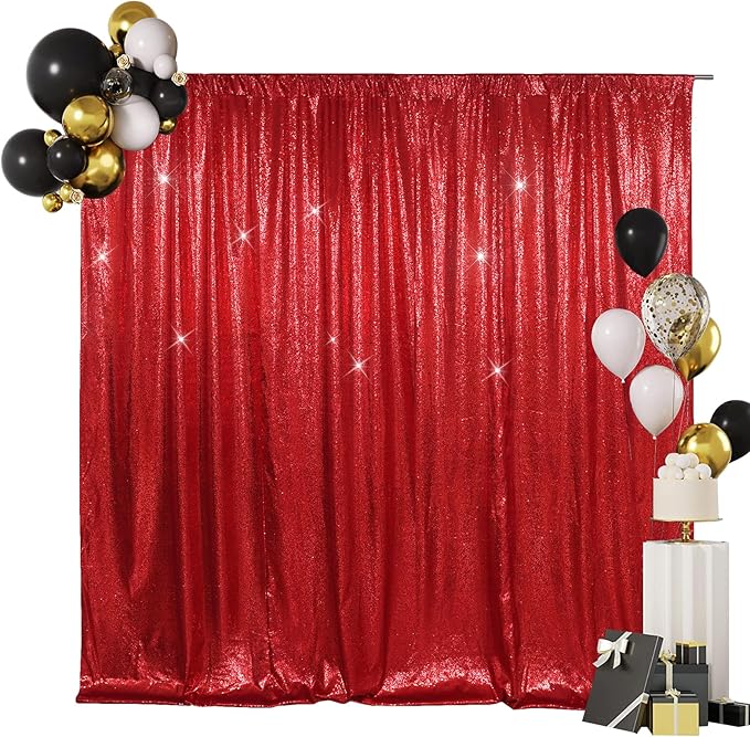 SquarePie Sequin Backdrop Curtain Less See Through Background for Wedding Christmas Party(10FT x 10FT, Red)