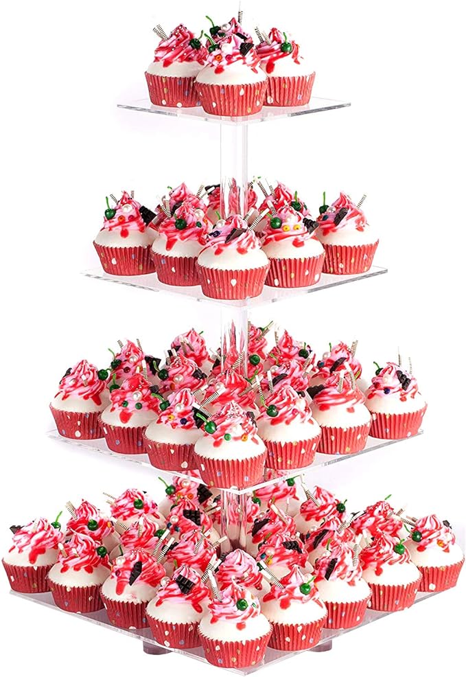 YestBuy 4 Tier Acrylic Cupcake Stand with Base, Cake Stand, Premium Cupcake Holder, Acrylic Cupcake Tower Display Cady Bar Party Décor – Display for Pastry (6" Between 2 Layers)…
