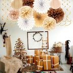 Boho Baby-Shower White-Brown Champagne Fall Party-Decorations - 33pcs Banner,Streamers Tassel Garland,Tissue Pom Poms Honeycomb,Paper Lantern Fan,Autumn,Bridal,Christmas,Birthday,Wedding Decor Hugtmr