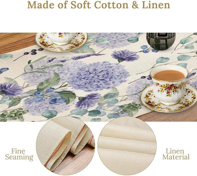 Spring Hydrangea Flower Table Runner, Seasonal Summer Plants Watercolor Eucalyptus Leaves Purple Florals Dinner Runner for Home Kitchen Dining Table Party Holiday Decoration 13"x90"