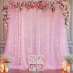 10×10ft Pink Tulle Backdrop Curtain with Lights String for Parties, Sheer Photo Curtain Backdrop Drapes for Wedding Party Photography Backgrounds