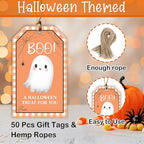 50 Pcs Halloween Tags with String, 2.1"×3.5" Boo Paper Gifts Tags, Ghost Trick or Treat for Candy, Halloween Gifts Tag Wrap for Party Favor - B08