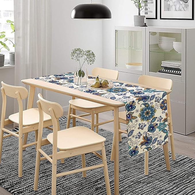 Oriental Paisley Table Runner, Luxury Vintage Blue Teal Floral Butterflies Print Table Runner for Home Dining Kitchen Coffee Table Party Decor, 13x108inch