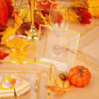 Festiva 350Pcs Clear Plastic Plates with Gold rim - Clear Gold Disposable Dinnerware for 50 Guests include 100 Square Plastic Plates 50Cups 50Cutlery 50Napkins Perfect for Thanksgiving Party&Wedding