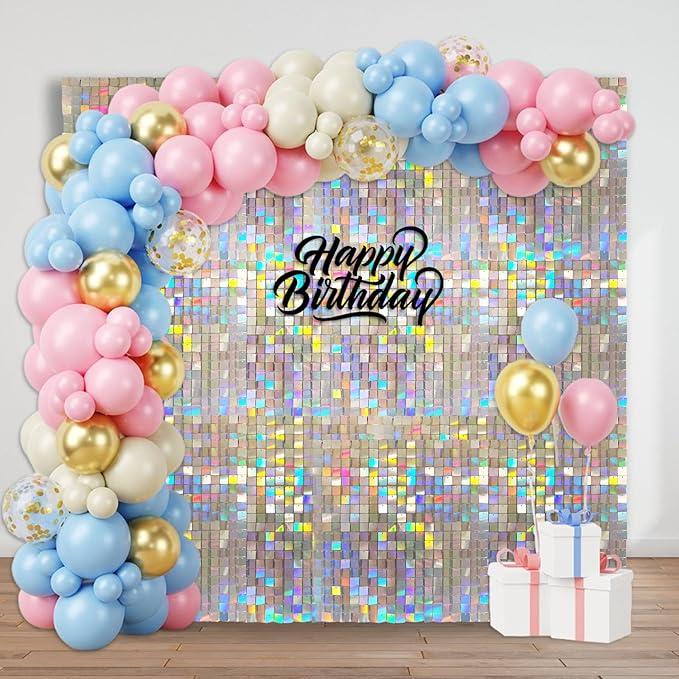 24PCS Colorful Shimmer Wall Backdrop, Square Sequin Backdrops Panel, Glitter Wall Background for Birthdays, Weddings, Graduation, Engagements, Disco Bachelorette Party Decoration (4FTx6FT)