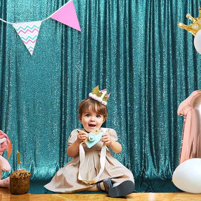 SquarePie Sequin Backdrop Curtain Not See Through Thick Glitter Background for Party 8FT x 10FT Teal