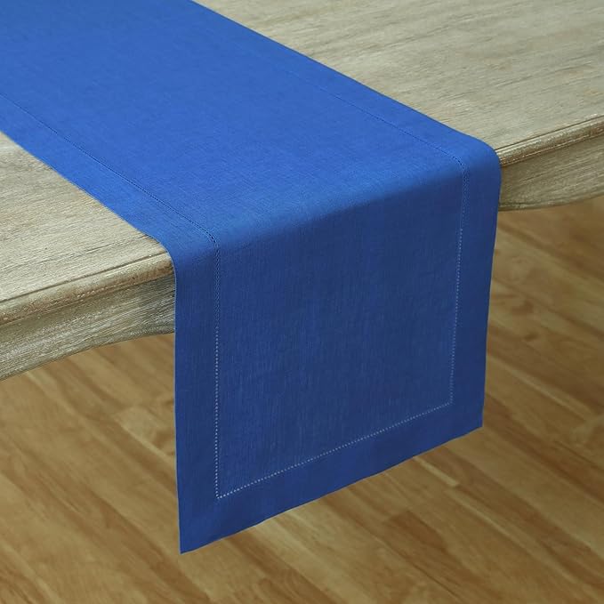 Solino Home Linen Royal Blue Table Runner 48 Inches - Classic Hemstitch, 100% Pure Linen Coffee Table Runner 14 x 48 Inch Ideal for Dresser Tables