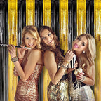2 Pack Black and Gold Foil Fringe Backdrop Curtains, Tinsel Streamers Birthday Party Decorations, Fringe Backdrop for Graduation, Baby Shower, Gender Reveal, Disco Party
