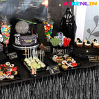 6 Pack 29x108 Inch Metallic Foil Fringe Tinsel Table Skirts Banner for Rectangle Tables Streamer Garland Curtains Backdrop for Wedding, Birthday, Parade Floats, Christmas Party Decoration(Black)