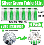 6 Pack 29x108 Inch Silver Green Metallic Foil Fringe Tinsel Table Skirts for Rectangle Tables Streamer Curtains Backdrop for Birthday, Parade Floats, Mardi Gras, St Patrick Day Party Decoration