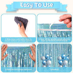 2 Pack Laser Light Blue Foil Fringe Curtains, Tinsel Streamers Birthday Party Decorations, Fringe Backdrop for Kids Birthday, Sea, Blue Theme Party