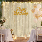10×10ft Cream White Tulle Backdrop Curtain with Lights String for Parites, Sheer Photo Curtain Backdrop Drapes for Wedding Party Photography Backgrounds