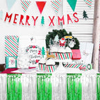 3 Pack 29 x108 Inch Silver Green Foil Fringe Table Skirts Metallic Banner for Tinsel Streamer Garland Backdrop for Parade Floats Mother's Day, Graduate, Birthday, Wedding Party Decoration
