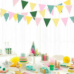 32Ft Camp Bride Party Decorations Pink Green Yellow Gingham Fabric Triangle Banner Flag Plaid Pennant Garland Streamers for Camping Bachelorette Glamping Baby Shower Picnic Birthday Decor Supplies