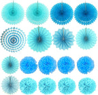 ZERODECO Party Decoration, 21 Pcs Blue Hanging Paper Fans, Pom Poms Flowers, Garlands String Polka Dot and Triangle Bunting Flags for Boy Birthday Parties, Bridal Showers, Baby Showers, Wedding