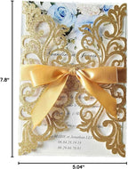 25PCS Gold Glitter Laser Cut Wedding Invitations Cards with Envelopes,Blank Inner Sheets,Ribbons for Wedding Bridal Shower Quinceañera Engagement Birthday Invites