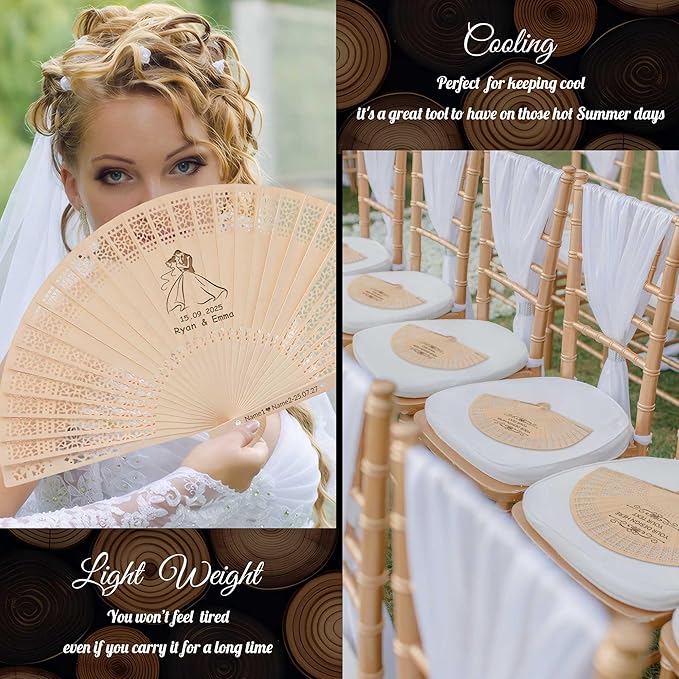 50 PCS Custom Fans Personalized Folding Fans for Line Dancing Wooden Hand Fan Wedding Favors Bulk Fans for Guests Party Event Use (Style08)