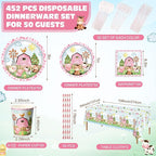452 Pcs Pink Farm Animal Birthday Decorations for 50, Barnyard Animal Paper Plates Napkins Cups Tablecloth Cutlery Straws Barn Farm Tableware Set for Birthday Baby Shower Party Supplies