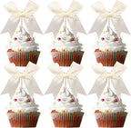 24 PCS Bow Cupcake Toppers Bowknot Coquette Bow Girls Birthday Cake Decorations Bow Cake Toppers Bowknot Cupcake Picks for Baby Shower Birthday Wedding Bridal Engagement Party Supplies Beige