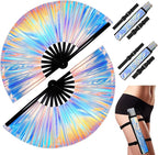 2pcs Rave Fans with Holsters 13 inches Large Folding Fan for Line Dancing Holographic Laser Clacks Fan Popping Fans for Music Festival Outfits Party Club Home Decoration