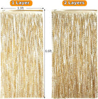 4 Pack Wavy Champagne Gold Metallic Tinsel Foil Fringe Curtains Backdrop - 3.3X6.6ft Foil Fringe Backdrop for Parties | Door Streamers for Birthday | Photo Booth Backdrops Party Decor