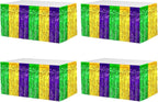 4 Pack 29x108 Inch Mardi Gras Metallic Foil Fringe Tinsel Table Skirts for Rectangle Tables Streamer for Christmas, Birthday, Parade Floats, Halloween Party Supplies(Gold Green Purple)