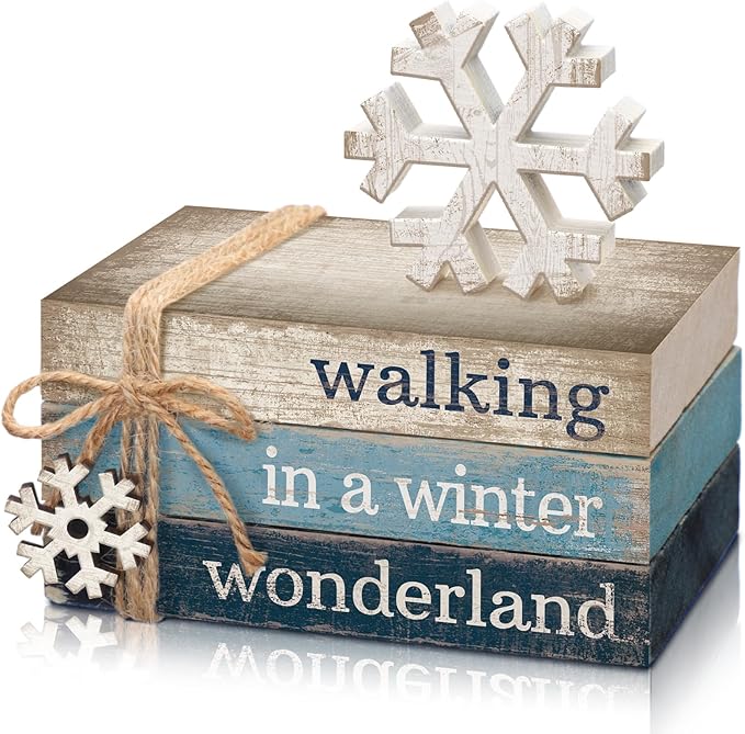 4 Pcs Christmas Table Decorations Winter Snowflake Tiered Tray Decorations Decorative Mini Wooden Books Signs Block Centerpiece for Shelf Office Tabletop Bookshelf Housewarming Gifts