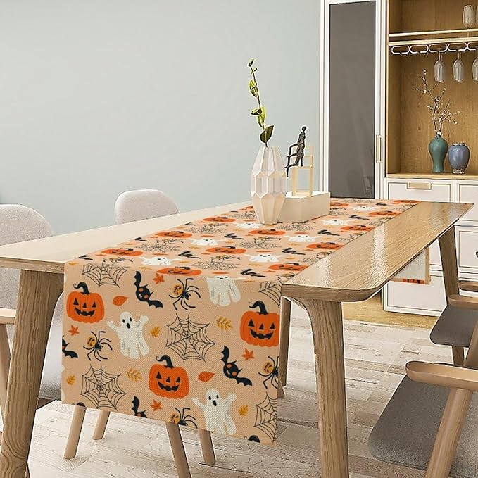 Halloween Table Runner,Cute Ghost Pumpkin Leaves Table Runner for Kitchen Dining Table Decoration Home Party Decor 13x60 Inch