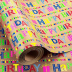 Yarcony Kraft Birthday Wrapping Paper Mini Roll, Gift Wrapping Paper, Heavyweight Brown Colorful Text Happy Birthday Gift Wrap Thick Paper for Present Packaging, Hioliday, All Age (17 Inch X 33 Feet)
