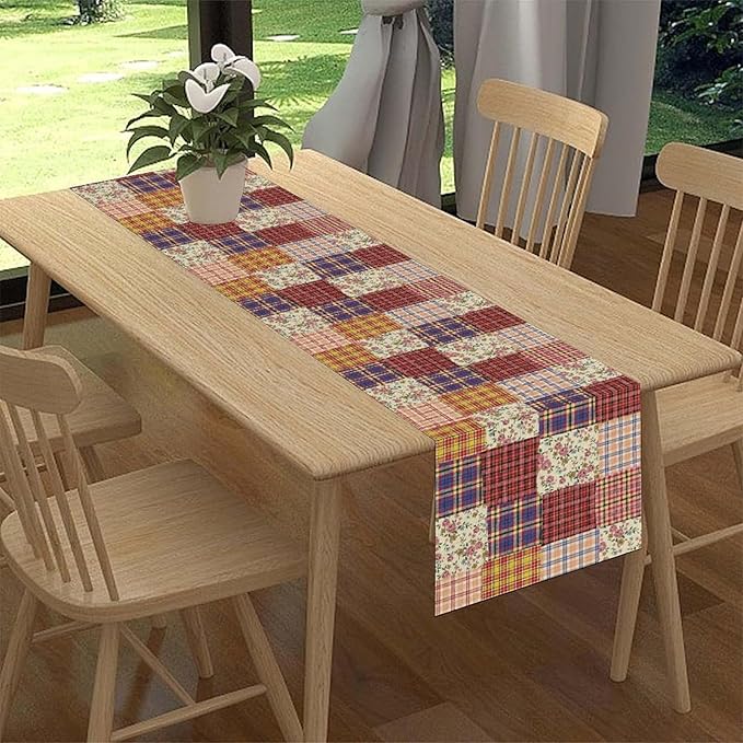 Patchwork Table Runner, Boho Vintage Floral Checkered Plaid Bohemian Paisley Flower Farmhouse Table Center Decor for Home Kitchen Dining Patio Holiday Party Indoor Table Decorations, 13"x90" Inch