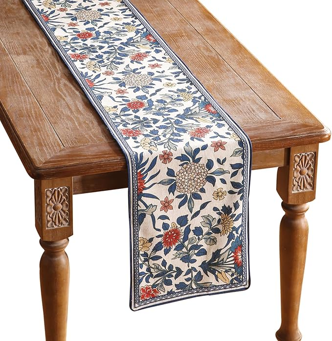 patdrea Designer Blue Cottage Rustic Floral Patterned Extra Long,Wrinkle Resistant Linen Table Runner 118 Inch Long,Decoration for Kitchen Dining and Coffee Tables Banquet Christmas , 12"x118"