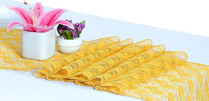 MDS Pack of 20 Wedding 12 x 108 inches Lace Table Runner for Wedding, Decorations for Birthday Parties, Banquets, Graduations, Engagements, and Runners fit Rectangle, Round Table- Yellow Gold