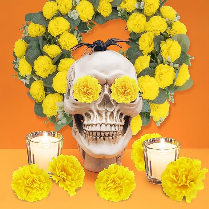 30 Pcs Artificial Marigold Flowers,2" Silk Marigold Flower Heads with Stems,Yellow Flowers Artificial for Diwali Decor,Indian Wedding,Home,DIY Wreath Garland,Day of The Dead Decorations