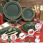 175PCS Green Plastic Plates - Green and Gold Disposable Plates 25Guests Plastic Christmas Plates with Rolled Napkins for Birthday/Christmas