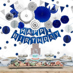 Navy Blue and Silver Happy Birthday Party Decoration 24Pcs Hanging Paper Fans Pom Poms Flowers, Garland String Polka Dot, Happy Birthday Banner for Boy Birthday Baby Shower Blue Birthday Decorations