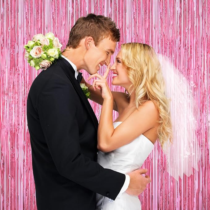 Pink Party Decorations, 2Pack Glitter Pink Backdrop, Metallic Tinsel Backdrop Fringe Curtains Backdrop Curtains, Photo Backdrop Party Supplies Wedding Engagement Christmas Birthday Party Decorations