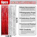 6 Pack Red Silver Foil Fringe Curtain Backdrop, 3.28Ft x 8.2Ft Metallic Tinsel Foil Fringe Streamer Curtains for Photo Booth, Birthday, Wedding, New Year Party Decorations