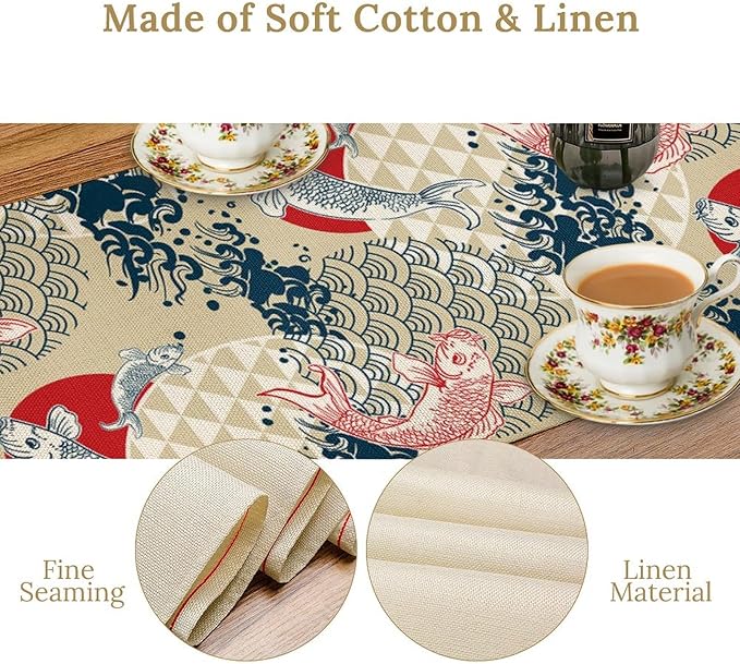 Japanese Table Runner Oriental Tradition Kio Fish Art Printed Burlap Runner Home Kitchen Dining Table Living Room Decor Fabric 1 Panel W13xL120in