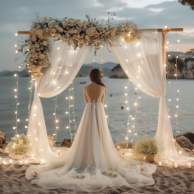 Fomcet Tulle Backdrop Curtains White 20FT X 10FT Tulle Curtains with Lights String Sheer Backdrop Curtain for Parties Wedding Baby Shower Photo Shoot Decorations (4 Panels 5 x 10FT)