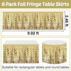 6 Pack 29x108 Inch Light Gold Wave Foil Fringe Table Skirts Metallic Banner for Tinsel Streamer Garland Backdrop for Parade Floats Wedding, Mother's Day, Birthday Mardi Gras Party Decorations