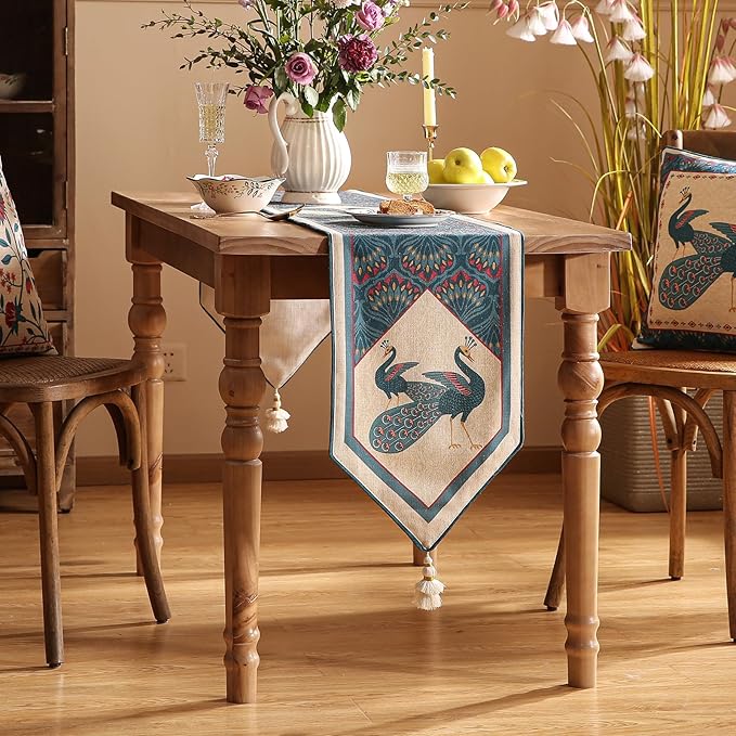Vintage Blue Peacock Small Table Runner for Table,Decorative Linen 63 Inches Long Table Runners,Decor Tabletop for Kitchen,Dining,Tea Party,Home,Christmas,12"*63"