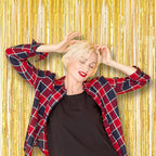2 Pack Laser Gold Foil Fringe Backdrop Curtains, Tinsel Streamers Birthday Party Decorations, Fringe Backdrop for Graduation, Baby Shower, Gender Reveal, Disco Party