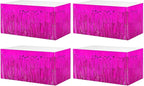 4 Pack 29x108 Inch Metallic Foil Fringe Tinsel Table Skirts for Rectangle Tables Streamer Curtains Backdrop for Christmas, Birthday, Parade Floats, Halloween Day Party Supplies(Fuchsia)